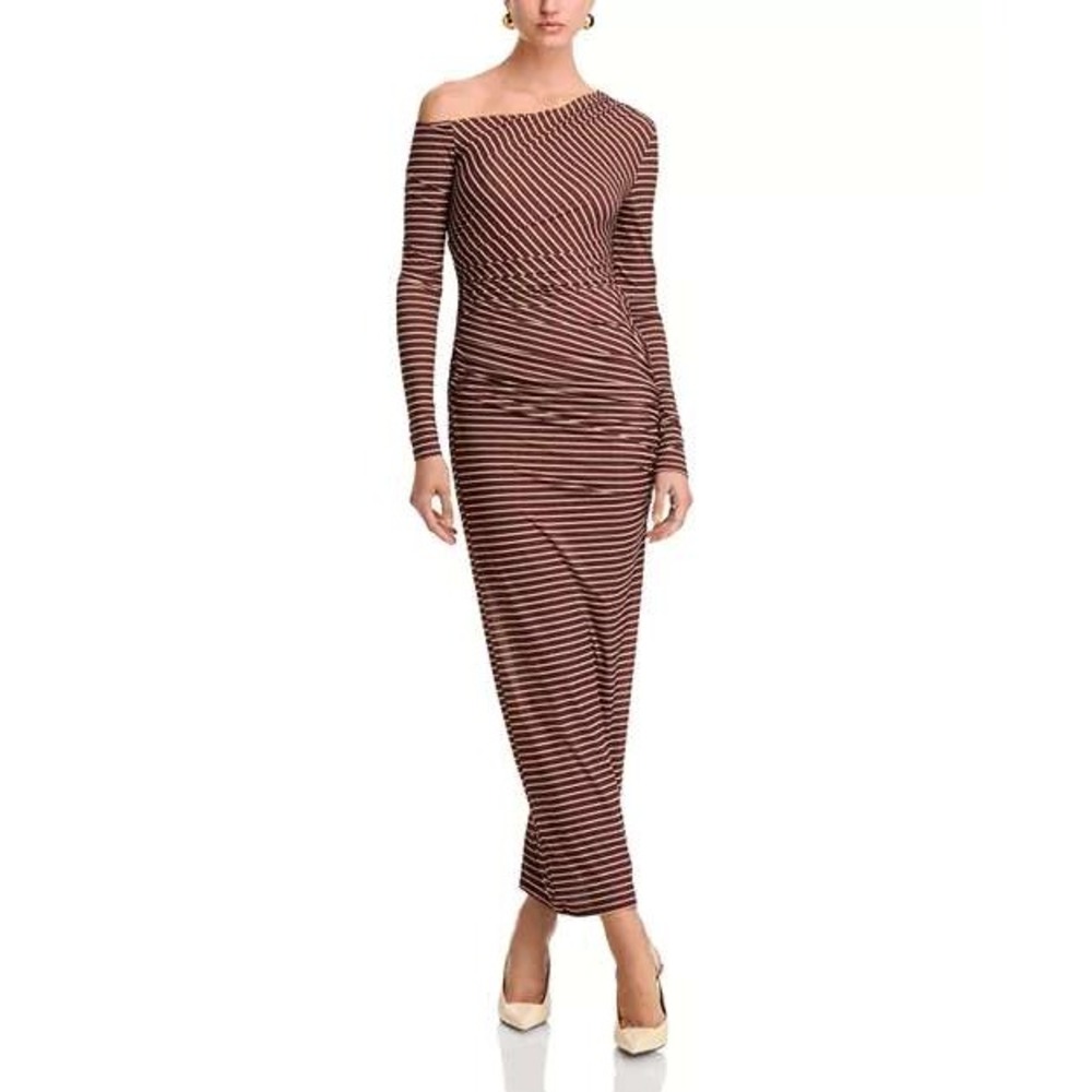 Ronny Kobo Size L Annamaria Brown Striped One Shoulder Ruched Mesh Maxi Dress